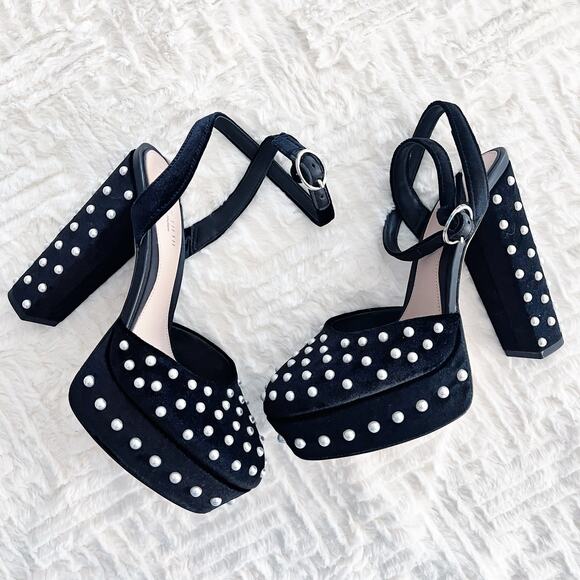 Born on Fifth for Antonio Melani Emily Black Velvet Pearl Platform Pumps - Picture 1 of 8